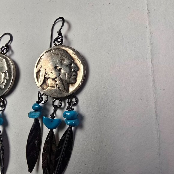 Vintage Navajo Sterling Buffalo Nickel Turquoise Feather Dangle Earrings Native - Picture 8 of 9
